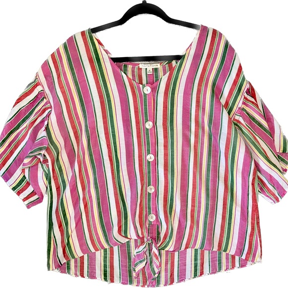 Notations Tops - Notations Colorful Button Down Tie Blouse